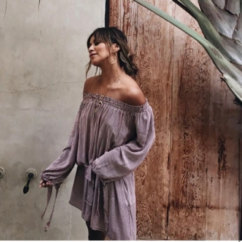 Faithfull The Brand Mali Stripe off shoulder Dress